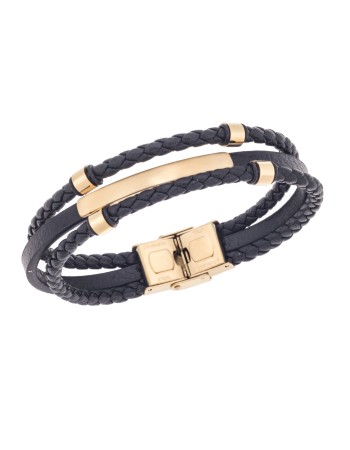 Βραχιόλι τριπλό Senza Men's Gold Plated Steel, Black Leather Strap, με χρυσή ταυτότητα και στοιχεία - SSD5795GBK