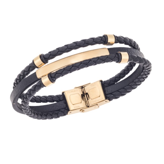 Βραχιόλι τριπλό Senza Men's Gold Plated Steel, Black Leather Strap, με χρυσή ταυτότητα και στοιχεία - SSD5795GBK