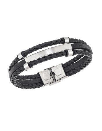 Βραχιόλι τριπλό Senza Men's Steel, Black Leather Strap, με ασημί ταυτότητα και στοιχεία - SSD5795SBK