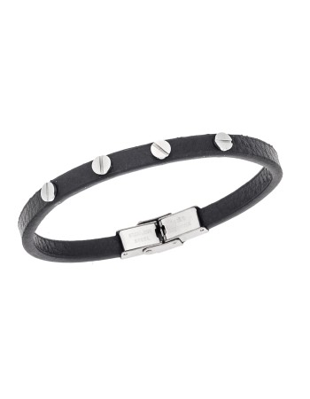 Βραχιόλι Senza Men's Steel, Black Leather Strap, με ασημί στοιχεία - SSD5796SBK