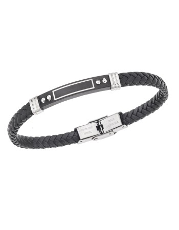Βραχιόλι Senza Men's Steel, Black Leather Strap, με μαύρη ταυτότητα - SSD5797SBK