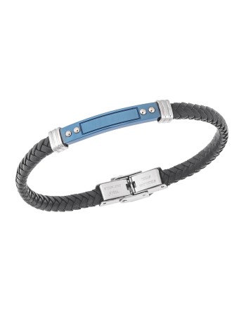 Βραχιόλι Senza Men's Steel, Black Leather Strap, με δίχρωμη ταυτότητα - SSD5797SBL