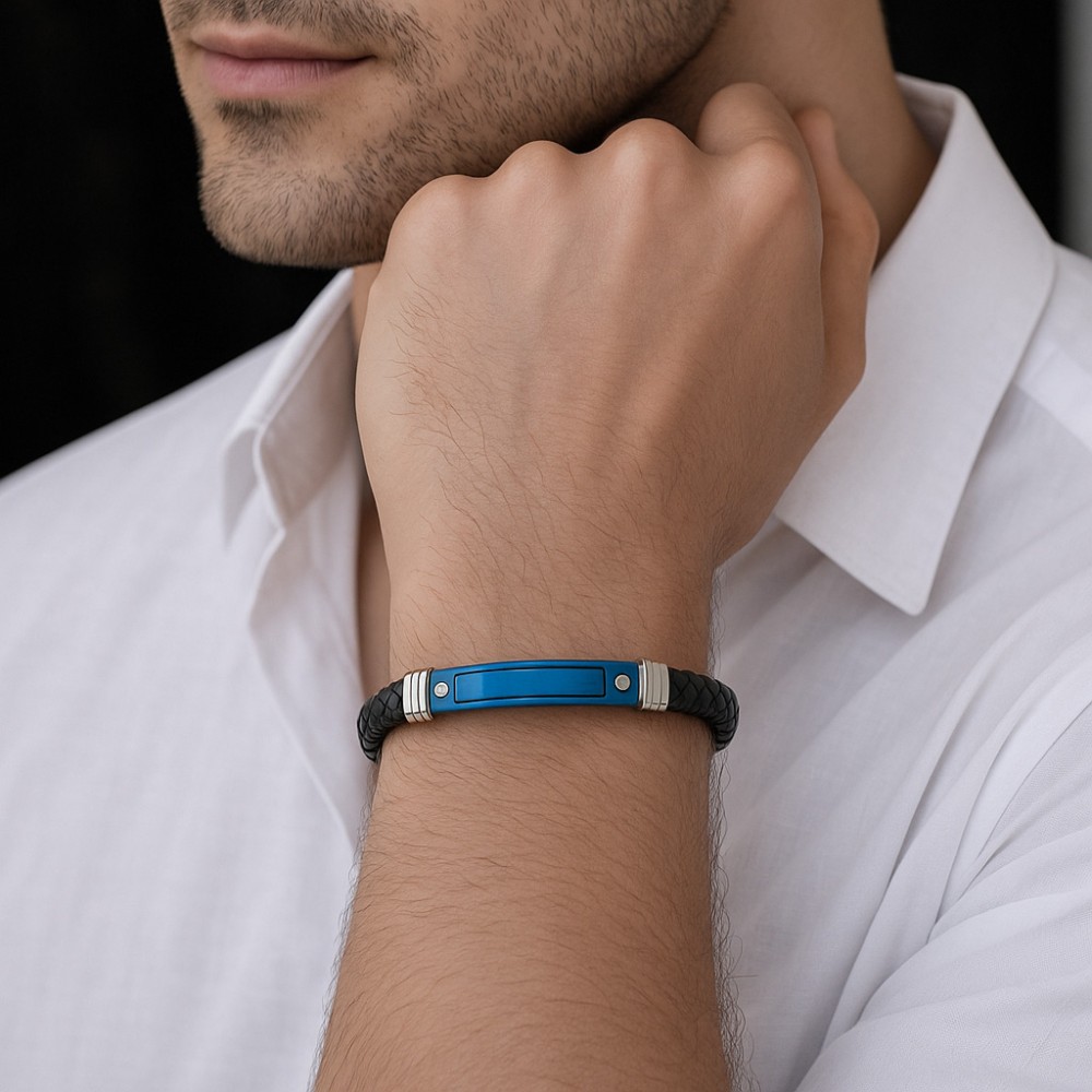 Βραχιόλι Senza Men's Steel, Black Leather Strap, με δίχρωμη ταυτότητα - SSD5797SBL