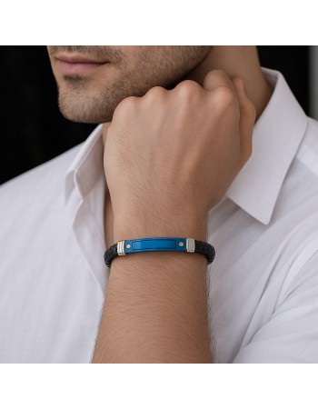 Βραχιόλι Senza Men's Steel, Black Leather Strap, με δίχρωμη ταυτότητα - SSD5797SBL