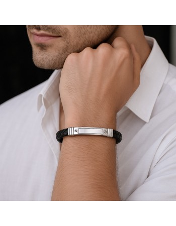 Βραχιόλι Senza Men's Steel, Black Leather Strap, με ασημί ταυτότητα - SSD5797SR