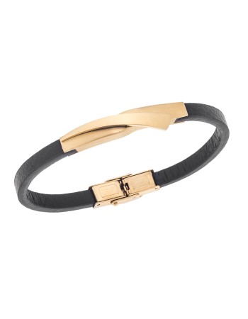 Βραχιόλι Senza Men's Gold Plated Steel, Black Leather Strap, με χρυσό σχέδιο - SSD5798GD
