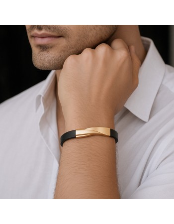 Βραχιόλι Senza Men's Gold Plated Steel, Black Leather Strap, με χρυσό σχέδιο - SSD5798GD