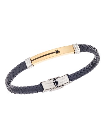 Βραχιόλι Senza Men's Gold Plated Steel, Black Leather Strap, δίχρωμο με μαύρη πέτρα - SSD5799SGD