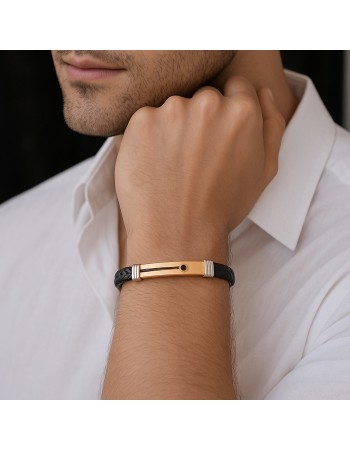 Βραχιόλι Senza Men's Gold Plated Steel, Black Leather Strap, δίχρωμο με μαύρη πέτρα - SSD5799SGD