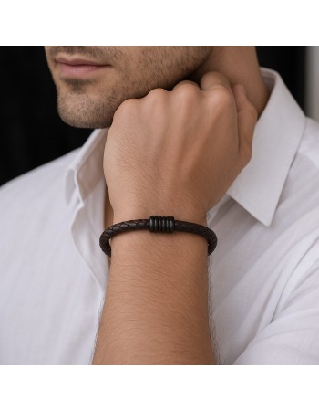 Βραχιόλι Senza Men's Steel, Brown Leather Strap, με μαύρα στοιχεία - SSD5804BNBK