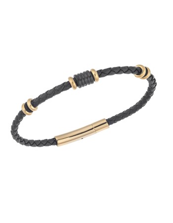 Βραχιόλι Senza Men's Gold Plated Steel, Black Leather Strap, με δίχρωμα στοιχεία - SSD5804GBK