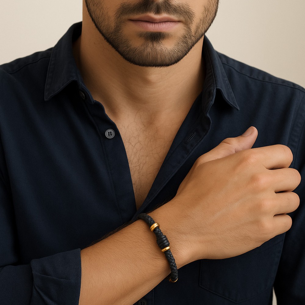 Βραχιόλι Senza Men's Gold Plated Steel, Black Leather Strap, με δίχρωμα στοιχεία - SSD5804GBK