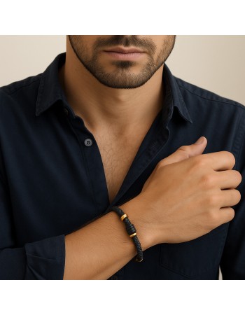 Βραχιόλι Senza Men's Gold Plated Steel, Black Leather Strap, με δίχρωμα στοιχεία - SSD5804GBK