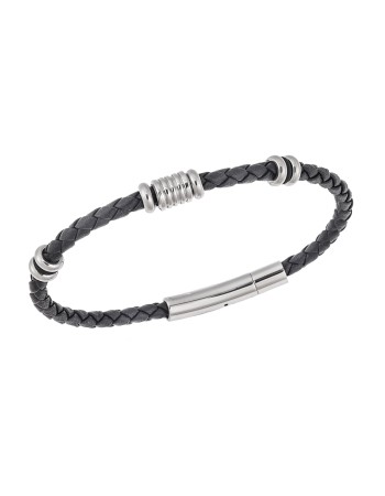 Βραχιόλι Senza Men's Steel, Black Leather Strap, με ασημί στοιχεία - SSD5804SR