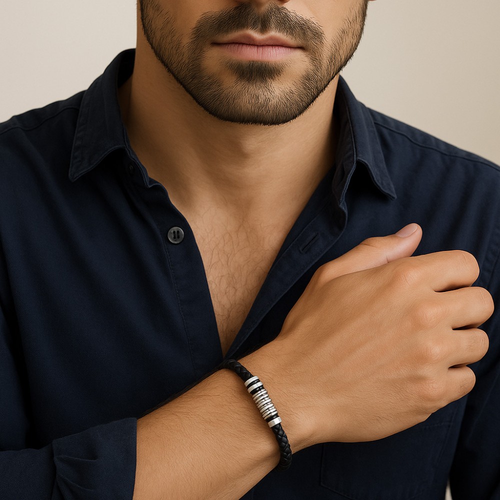 Βραχιόλι Senza Men's Steel, Black Leather Strap, με ασημί στοιχεία - SSD5804SR