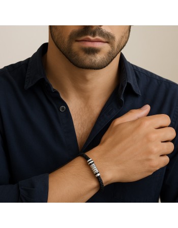 Βραχιόλι Senza Men's Steel, Black Leather Strap, με ασημί στοιχεία - SSD5804SR