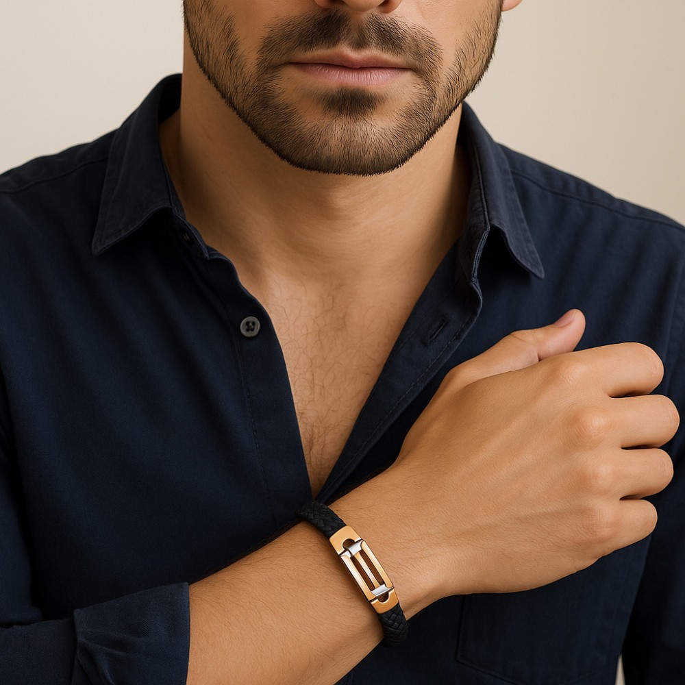 Βραχιόλι Senza Men's Gold Plated Steel, Black Leather Strap, με δίχρωμο σχέδιο - SSD5805SGD