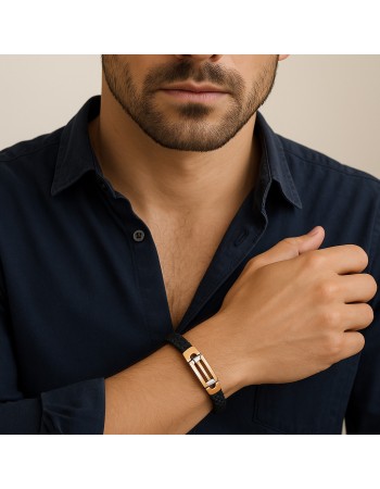 Βραχιόλι Senza Men's Gold Plated Steel, Black Leather Strap, με δίχρωμο σχέδιο - SSD5805SGD