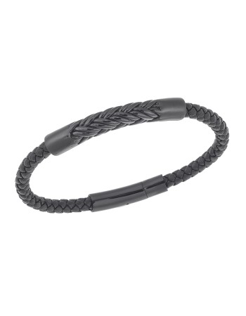 Βραχιόλι Senza Men's Steel, Black Leather Strap, με μαύρο σχέδιο - SSD5806BK