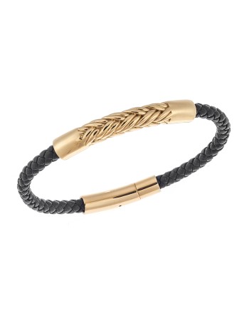 Βραχιόλι Senza Men's Steel, Black Leather Strap, με χρυσό σχέδιο - SSD5806GD