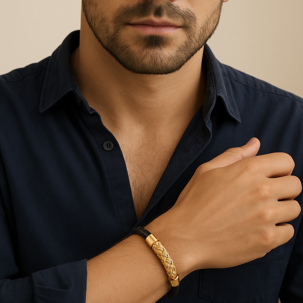 Βραχιόλι Senza Men's Steel, Black Leather Strap, με χρυσό σχέδιο - SSD5806GD