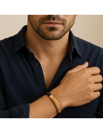 Βραχιόλι Senza Men's Steel, Black Leather Strap, με χρυσό σχέδιο - SSD5806GD