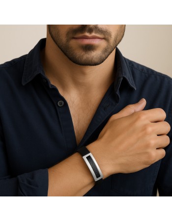 Βραχιόλι Senza Men's Steel, Black Leather Strap, με ασημί & μαύρο σχέδιο - SSD5810SBK