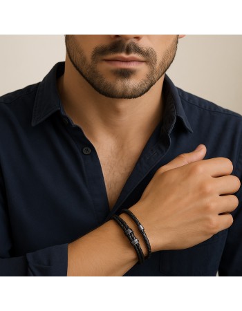 Βραχιόλι Senza Men's Steel, Black Leather Strap, με μαύρο σχέδιο - SSD5811BBK