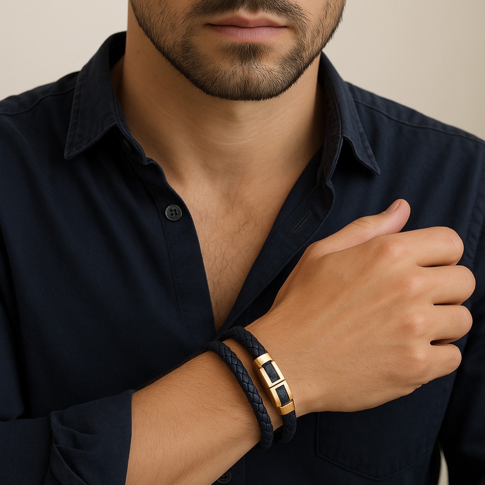 Βραχιόλι Senza Men's Gold Plated Steel, Black Leather Strap, με χρυσό & μαύρο σχέδιο - SSD5811GBK