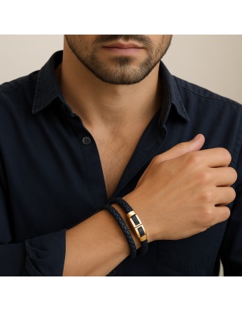 Βραχιόλι Senza Men's Gold Plated Steel, Black Leather Strap, με χρυσό & μαύρο σχέδιο - SSD5811GBK