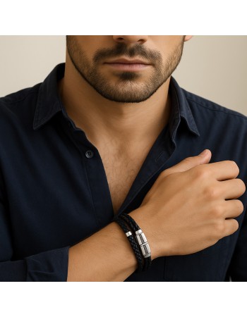 Βραχιόλι Senza Men's Steel, Black Leather Strap, με ασημί & μαύρο σχέδιο - SSD5811SBK