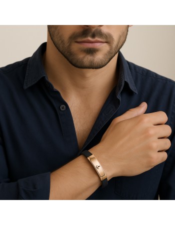 Βραχιόλι Senza Men's Gold Plated Steel, Black Leather Strap, χρυσό σχέδιο με άγκυρα - SSD5812GD