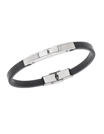 Βραχιόλι Senza Men's Steel, Black Leather Strap, ασημί σχέδιο με άγκυρα - SSD5812SR