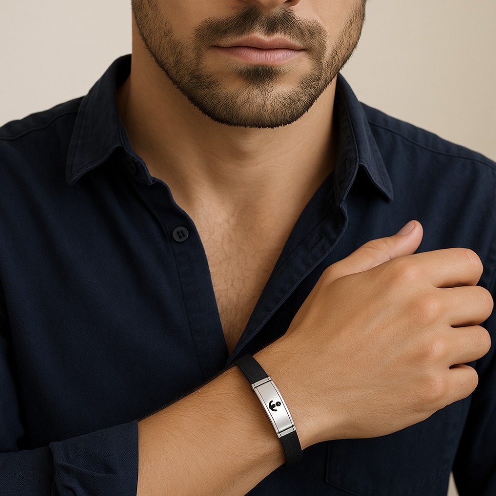 Βραχιόλι Senza Men's Steel, Black Leather Strap, ασημί σχέδιο με άγκυρα - SSD5812SR