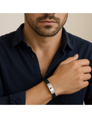 Βραχιόλι Senza Men's Steel, Black Leather Strap, ασημί σχέδιο με άγκυρα - SSD5812SR