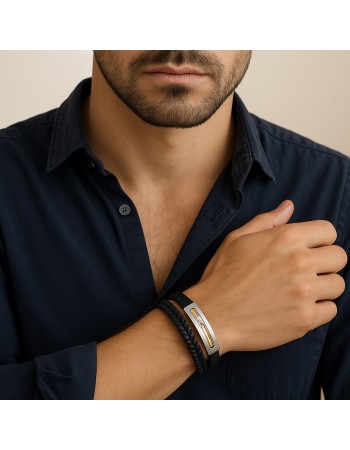 Βραχιόλι Senza Men's Steel, Black Leather Strap, ασημί & χρυσή πλακέτα με πέτρες - SSD5813SGD