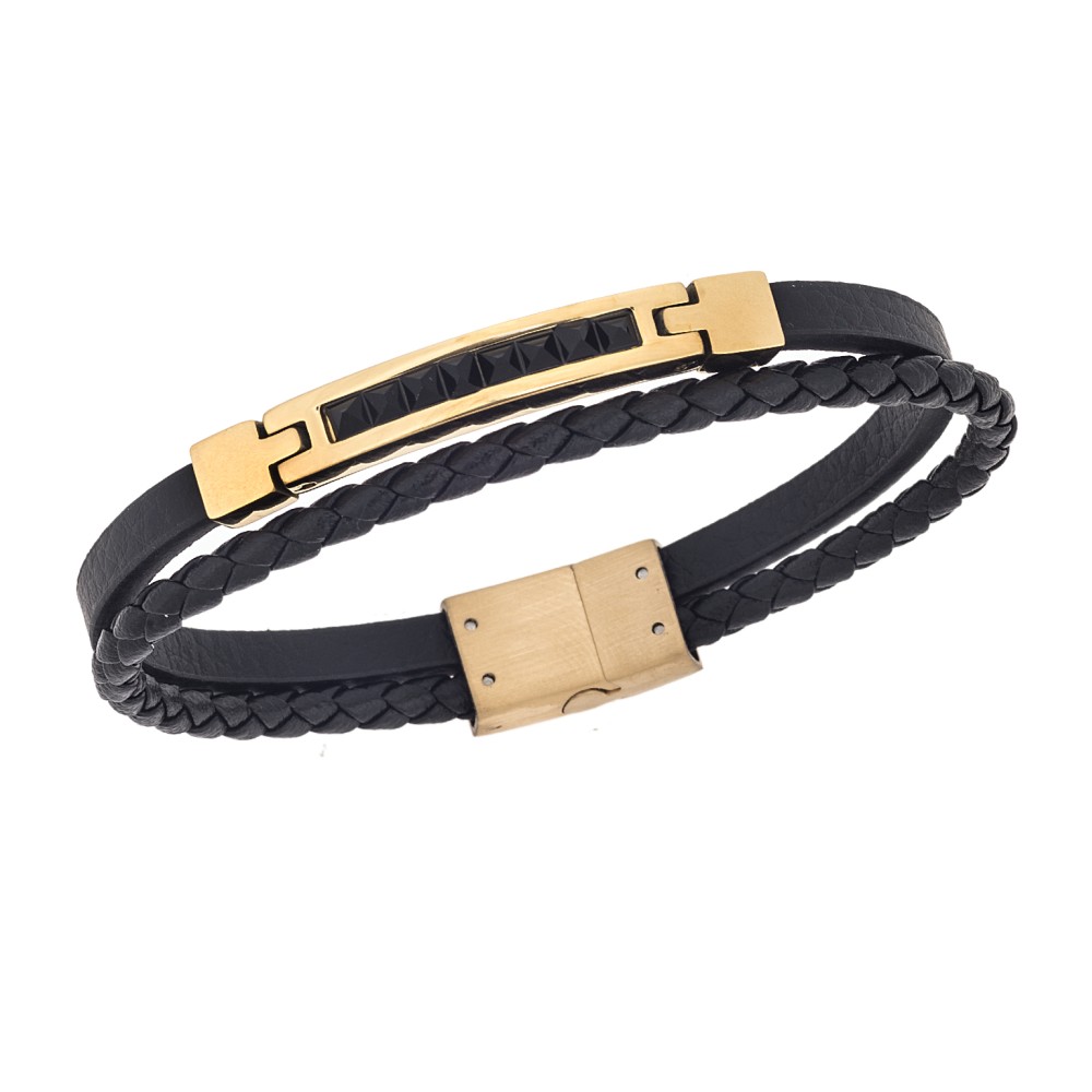 Βραχιόλι Senza Men's Steel, Black Leather Strap, χρυσή πλακέτα με μαύρες πέτρες - SSD5814GBK