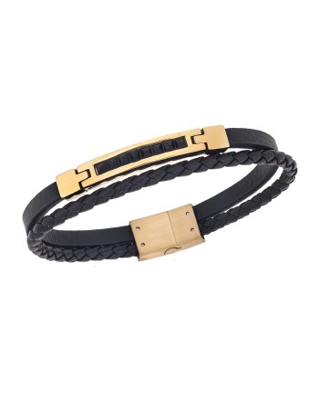 Βραχιόλι Senza Men's Steel, Black Leather Strap, χρυσή πλακέτα με μαύρες πέτρες - SSD5814GBK