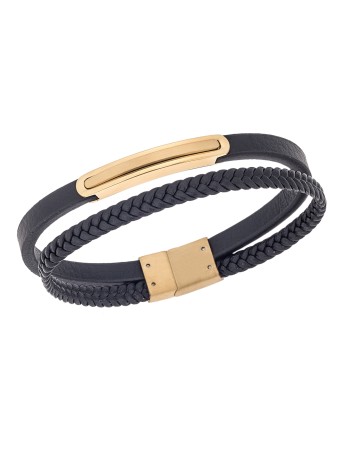 Βραχιόλι διπλό Senza Men's Gold Plated Steel, Black Leather Strap, με χρυσή ταυτότητα - SSD5815GD