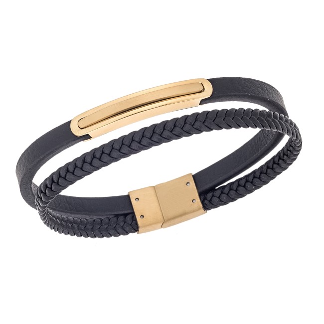 Βραχιόλι διπλό Senza Men's Gold Plated Steel, Black Leather Strap, με χρυσή ταυτότητα - SSD5815GD