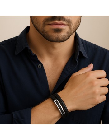 Βραχιόλι διπλό Senza Men's Steel, Black Leather Strap, με δίχρωμη ταυτότητα - SSD5815SBK