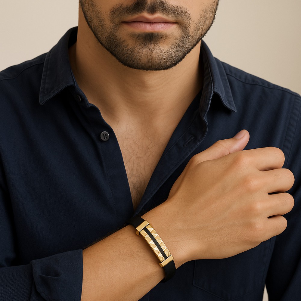 Βραχιόλι Senza Men's Gold Plated Steel, Black Leather Strap, με χρυσή ταυτότητα - SSD5816GD