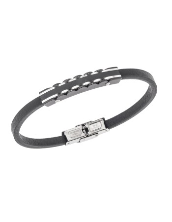 Βραχιόλι Senza Men's Steel, Black Leather Strap, με μαύρη ταυτότητα - SSD5816SBK