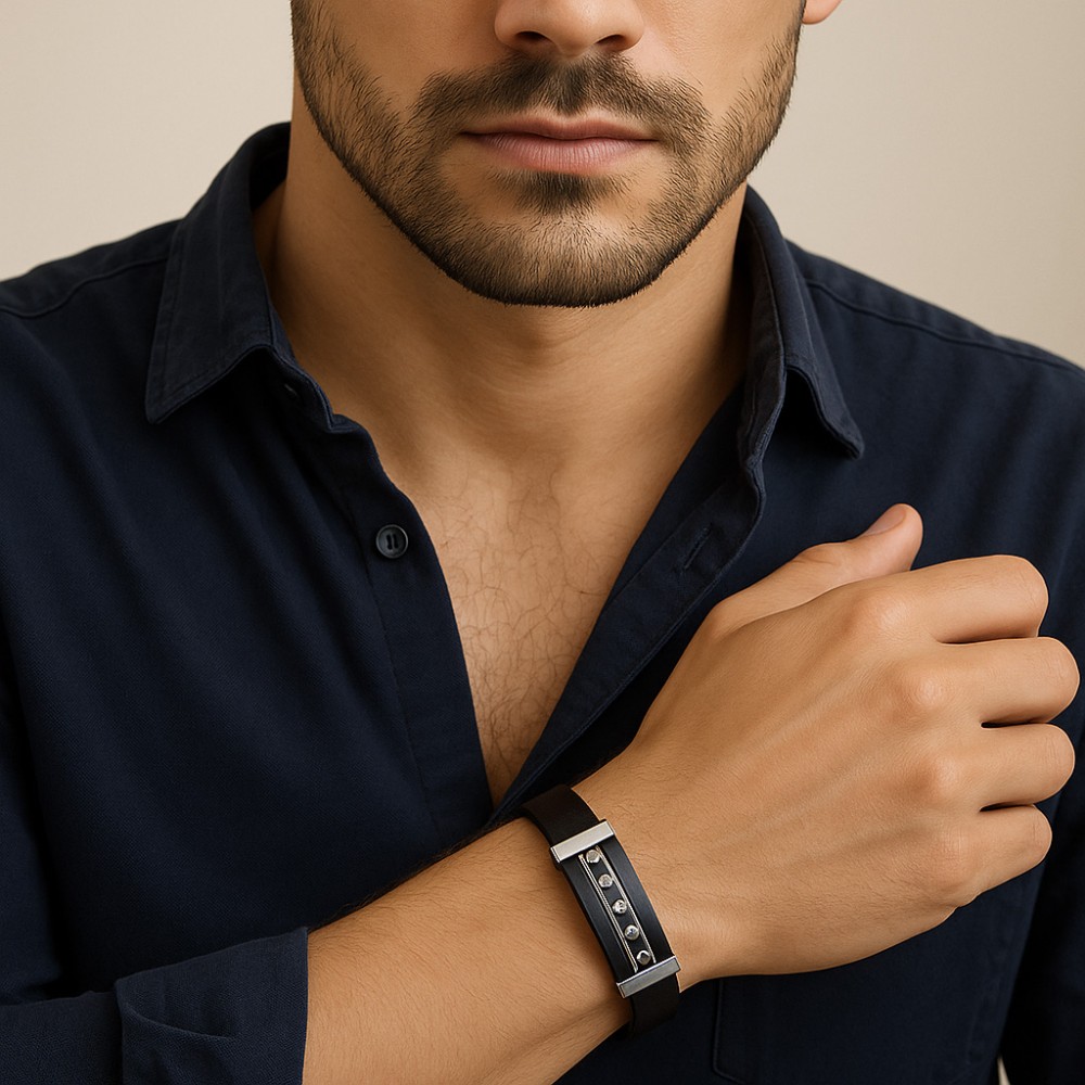 Βραχιόλι Senza Men's Steel, Black Leather Strap, με μαύρη ταυτότητα - SSD5816SBK