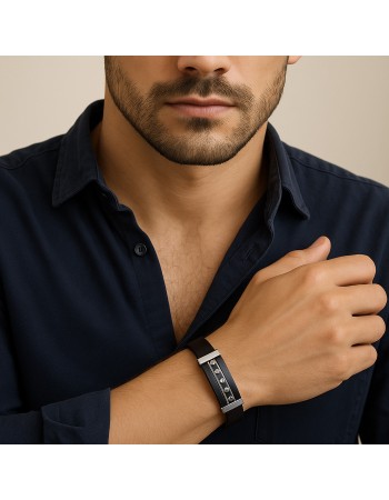 Βραχιόλι Senza Men's Steel, Black Leather Strap, με μαύρη ταυτότητα - SSD5816SBK