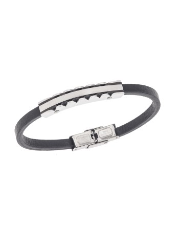 Βραχιόλι Senza Men's Steel, Black Leather Strap, με χρυσή ταυτότητα - SSD5816SR
