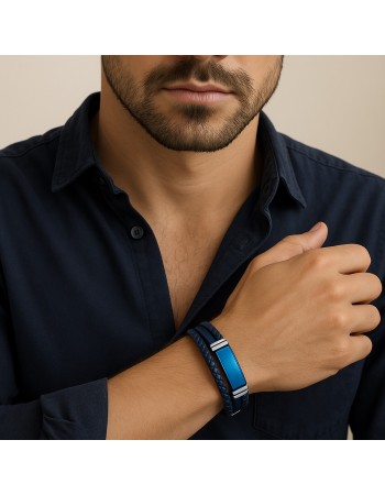 Βραχιόλι τριπλό Senza Men's Steel, Blue Leather Strap, με μπλε ταυτότητα - SSD5817SBL