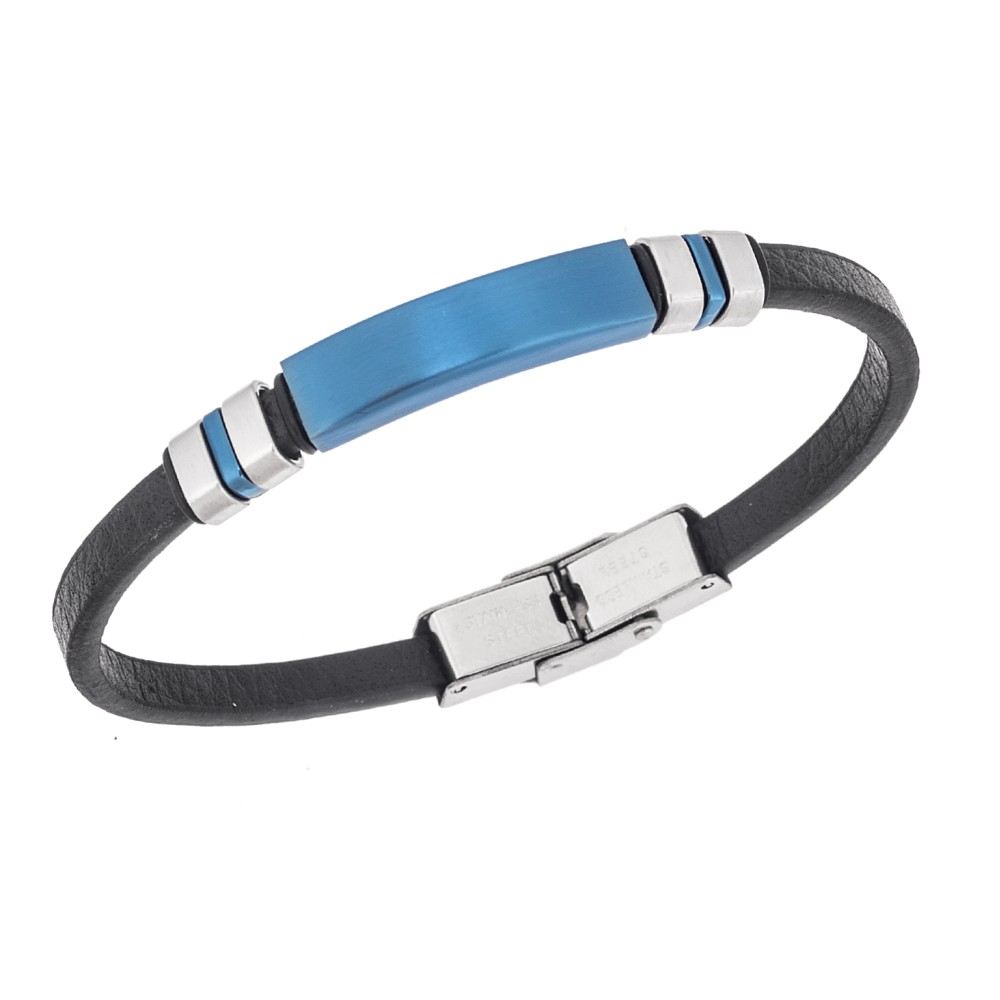Βραχιόλι Senza Men's Steel, Βlack Leather Strap, με μπλε ταυτότητα και ασημί / μπλε στοιχεία - SSD5819SBL
