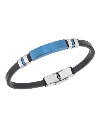 Βραχιόλι Senza Men's Steel, Βlack Leather Strap, με μπλε ταυτότητα και ασημί / μπλε στοιχεία - SSD5819SBL