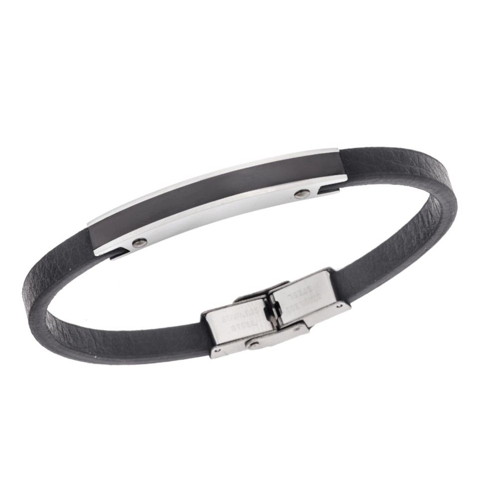 Βραχιόλι Senza Men's Steel, Βlack Leather Strap, με ασημί & μαύρη ταυτότητα - SSD5820SBK
